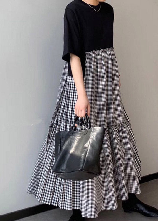 Green Print O-neck Asymmetrical Plaid Mosaic Dress
