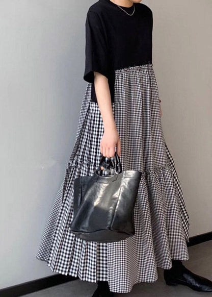 Black Print O-neck Asymmetrical Plaid Mosaic Dress