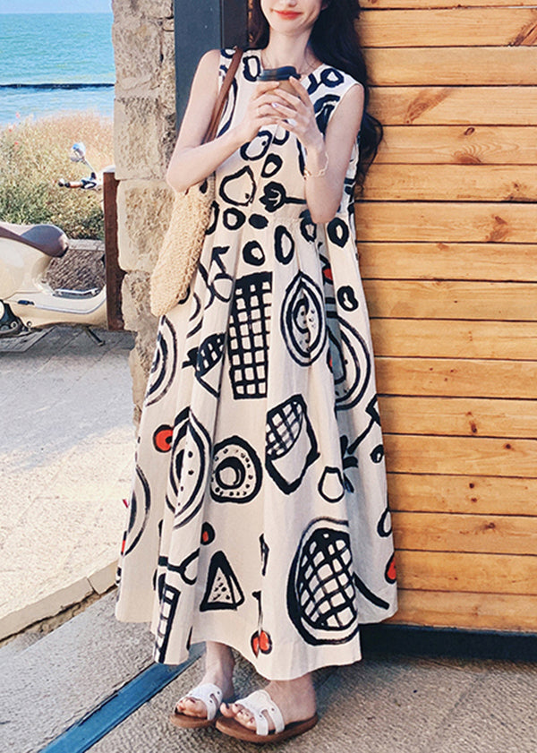 O Neck Graffiti Print Cotton Long Dress Sleeveless