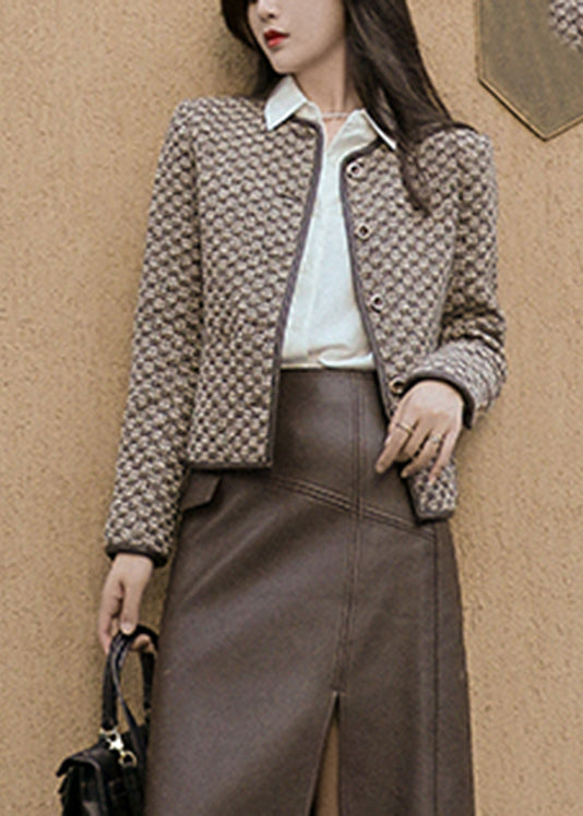 O-neck Plaid Button Woolen Coat Long Sleeve