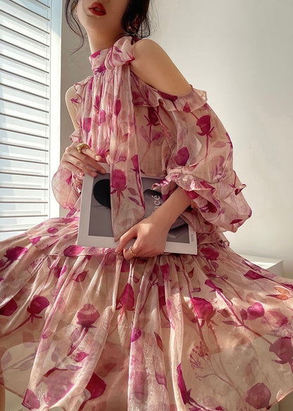O-neck Print Chiffon Vacation Layered Mid Dress Long Sleeve