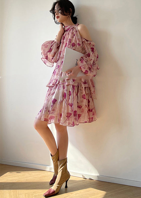 O-neck Print Chiffon Vacation Layered Mid Dress Long Sleeve