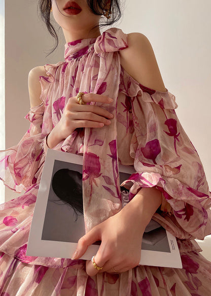 O-neck Print Chiffon Vacation Layered Mid Dress Long Sleeve