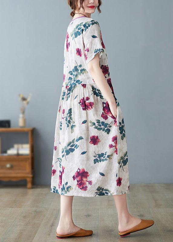 O-neck Print Drawstring Tie Waist Long Dress Summer