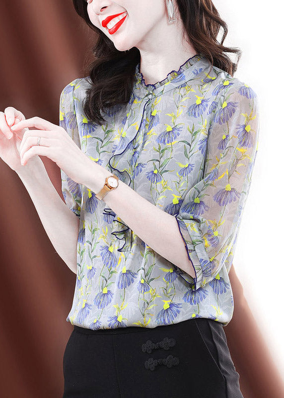 O-neck Ruffled Print Silk Shirts Half Sleeve