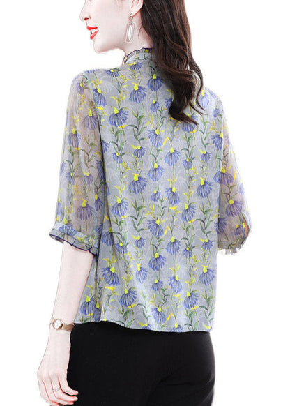 O-neck Ruffled Print Silk Shirts Half Sleeve