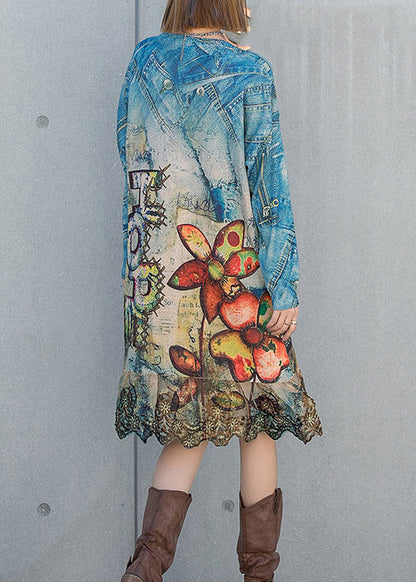 O-neck Ruffles Patchwork Print Knit Dresses Long Sleeve