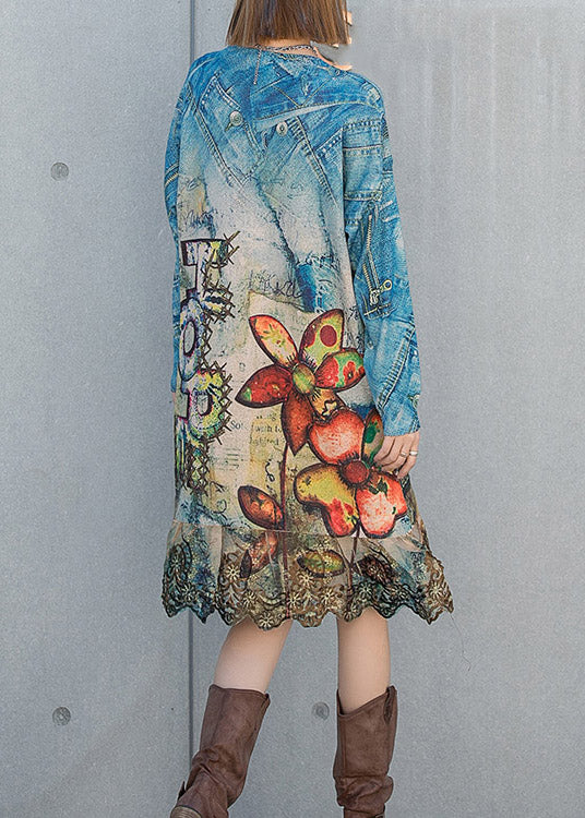 O-neck Ruffles Patchwork Print Knit Dresses Long Sleeve