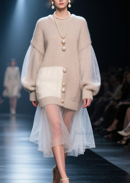 O Neck Tulle Patchwork Knit Long Sweater Fall