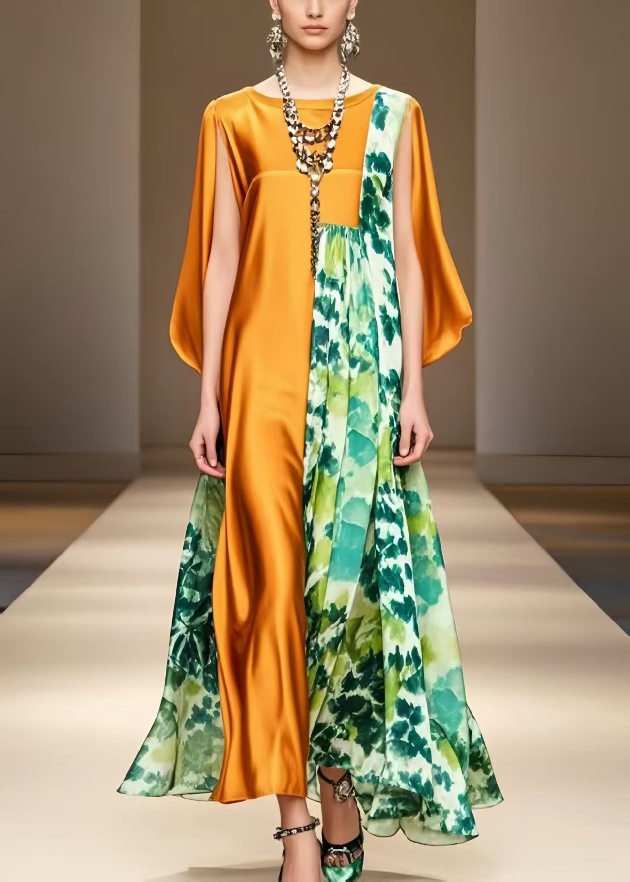 Orange Asymmetrical Print Silk Robe Dresses Cloak Sleeves