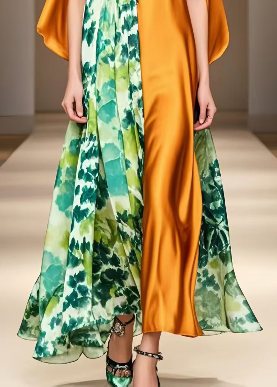 Orange Asymmetrical Print Silk Robe Dresses Cloak Sleeves