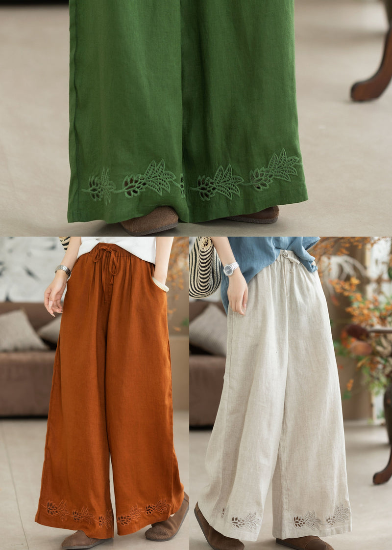 Orange Embroidered Oversized Linen Wide Leg Pants Summer