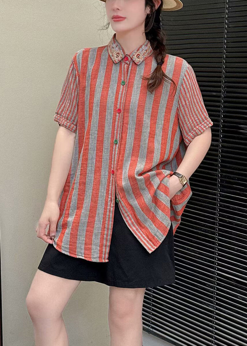 Orange Embroidered Striped Linen Blouses Summer