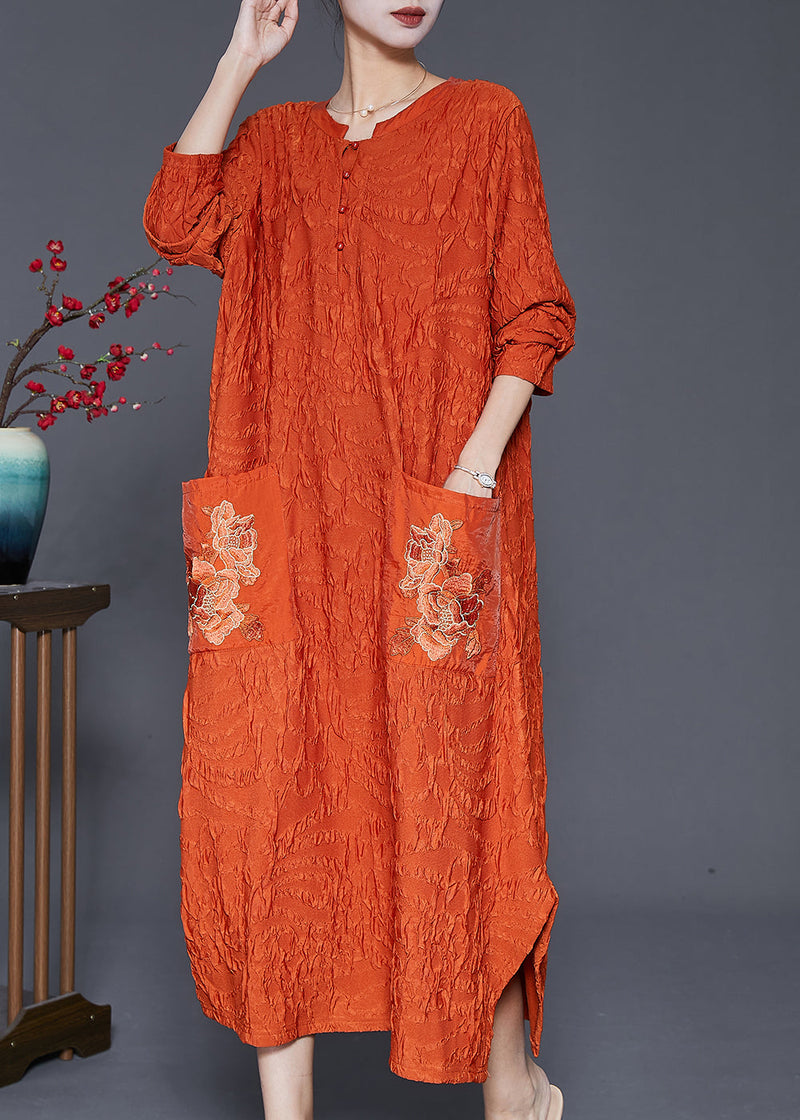 Orange Embroidered Wrinkled Silk Ankle Dress Fall