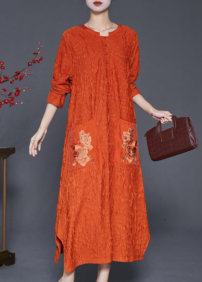 Orange Embroidered Wrinkled Silk Ankle Dress Fall