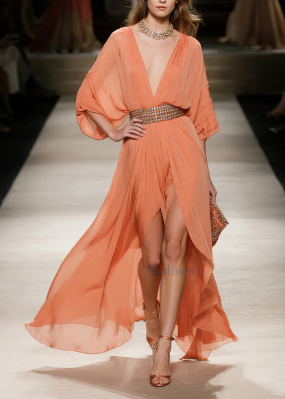 Orange Exra Large Hem Side Open Tulle Maxi Dress Summer
