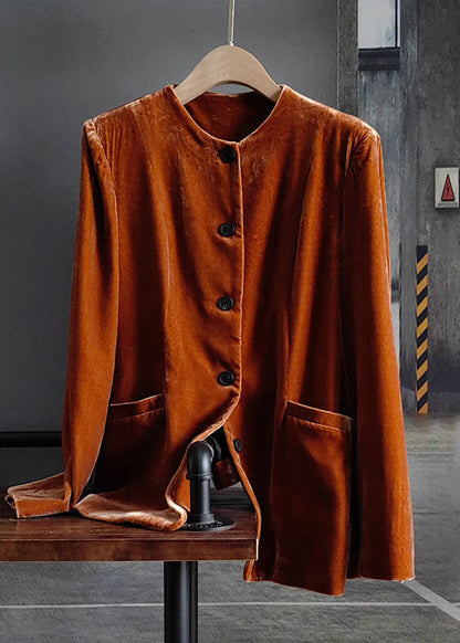 Orange O-neck Button Patchwork Silk Velour Coats Spring