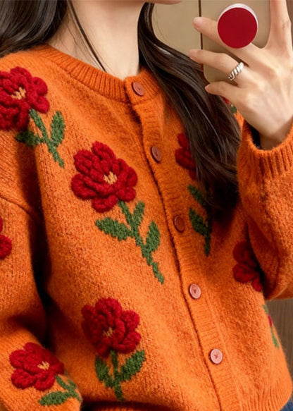 Orange O Neck Knit Loose Cardigans Spring