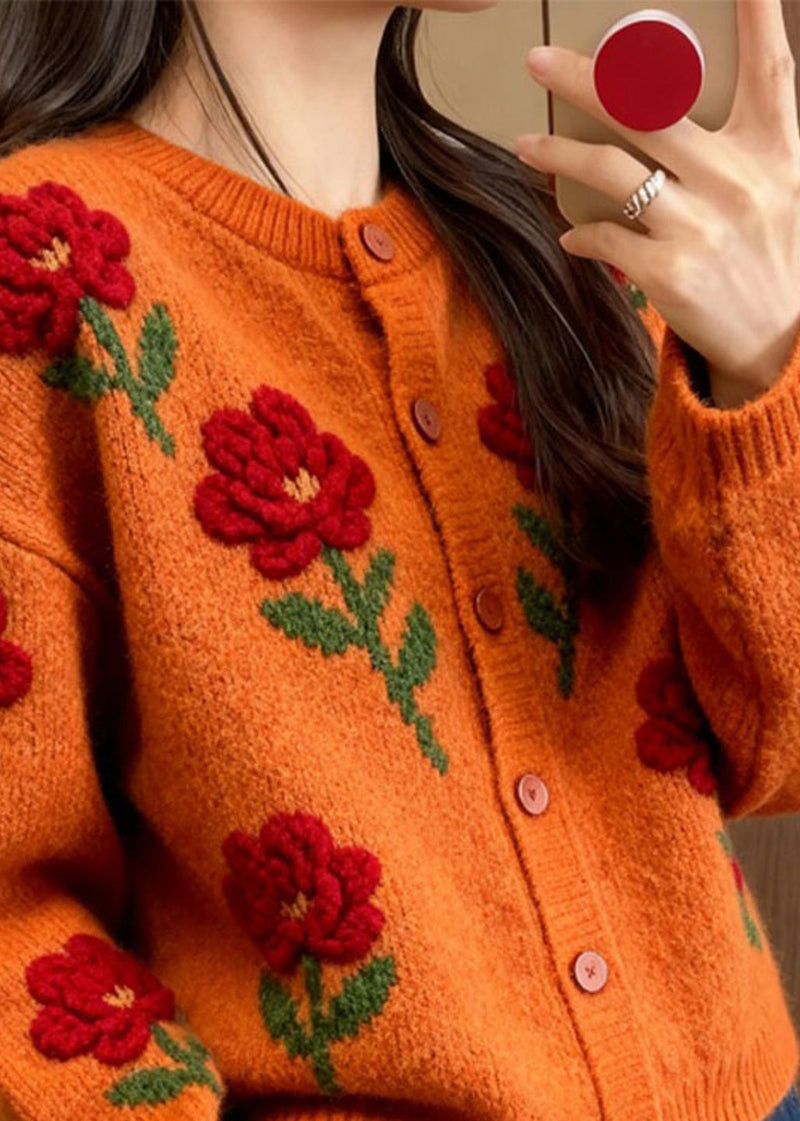 Orange O Neck Knit Loose Cardigans Spring