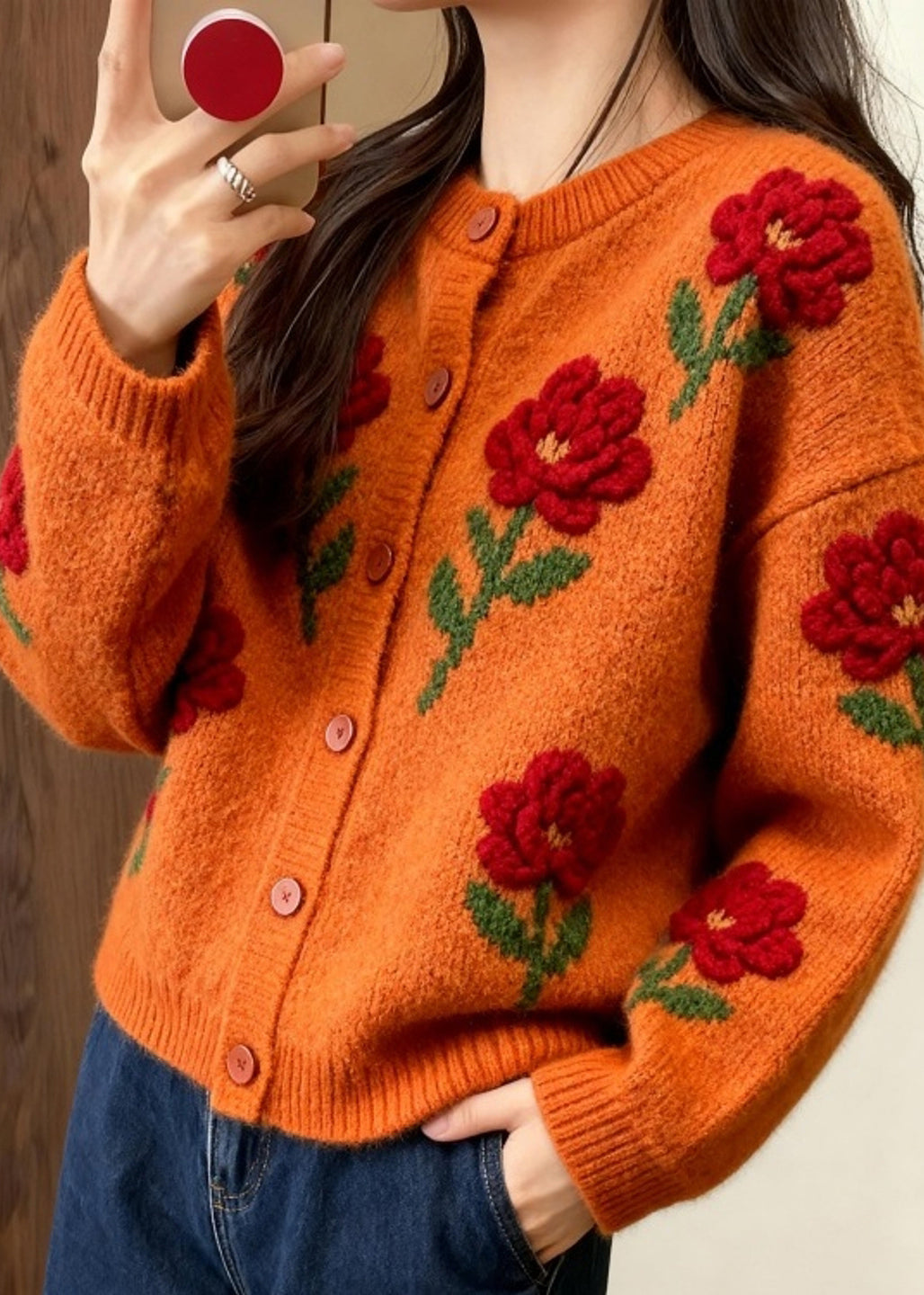 Orange O Neck Knit Loose Cardigans Spring