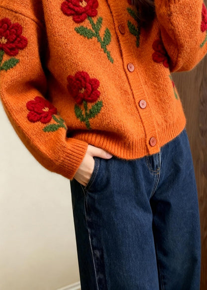 Orange O Neck Knit Loose Cardigans Spring