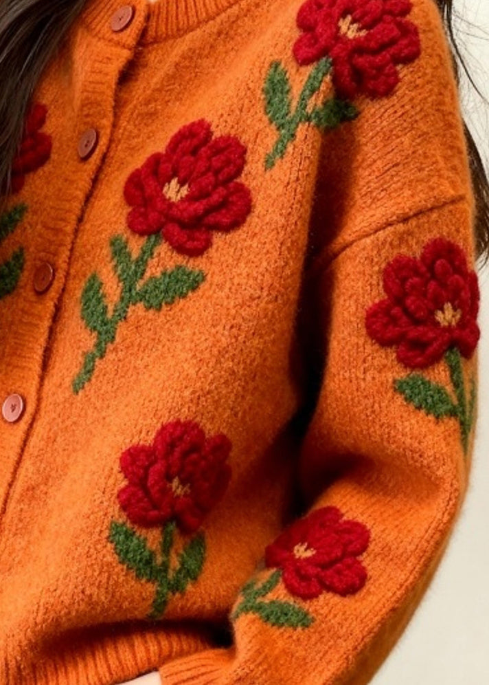 Orange O Neck Knit Loose Cardigans Spring