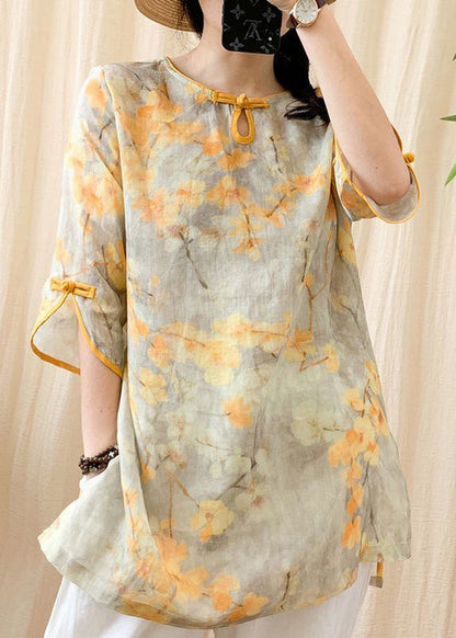 Orange O-neck Print Button Side Open Linen Shirt Half Sleeve