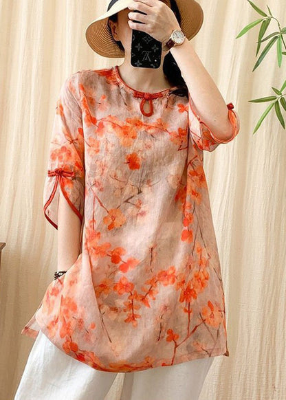 Orange O-neck Print Button Side Open Linen Shirt Half Sleeve