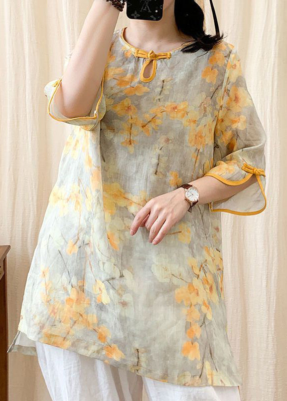 Orange O-neck Print Button Side Open Linen Shirt Half Sleeve