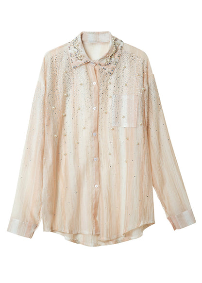 Fashion Orange Peter Pan Collar Nail Bead Zircon Chiffon Shirts Fall