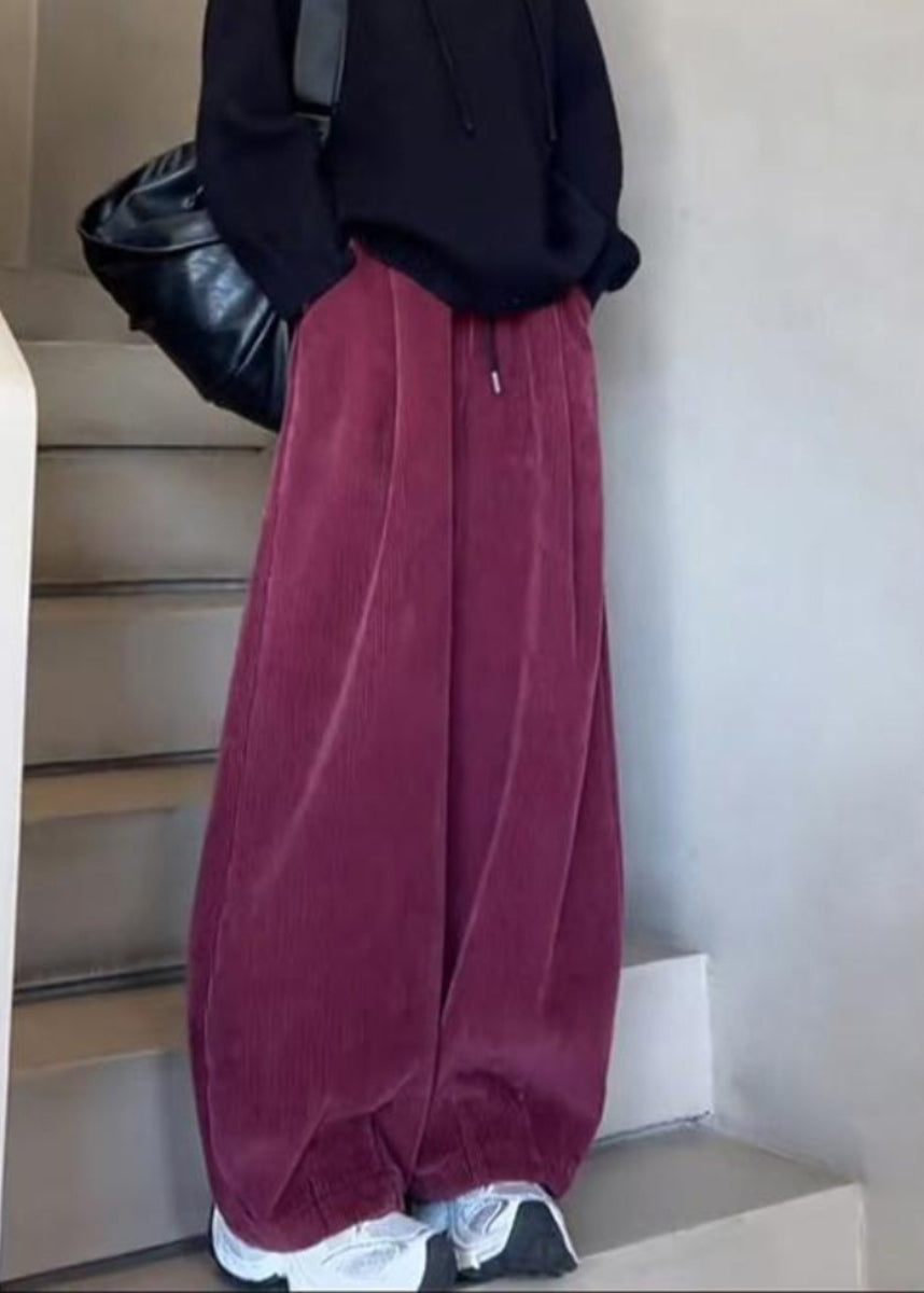 Orange Pockets Elastic Waist Corduroy Pants Spring