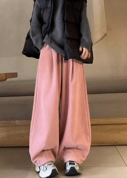 Orange Pockets Elastic Waist Corduroy Pants Spring