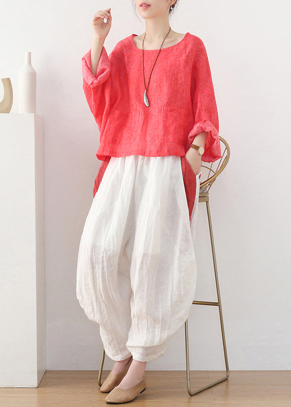 Orange Pockets Linen Pullover Sweatshirt Batwing Sleeve