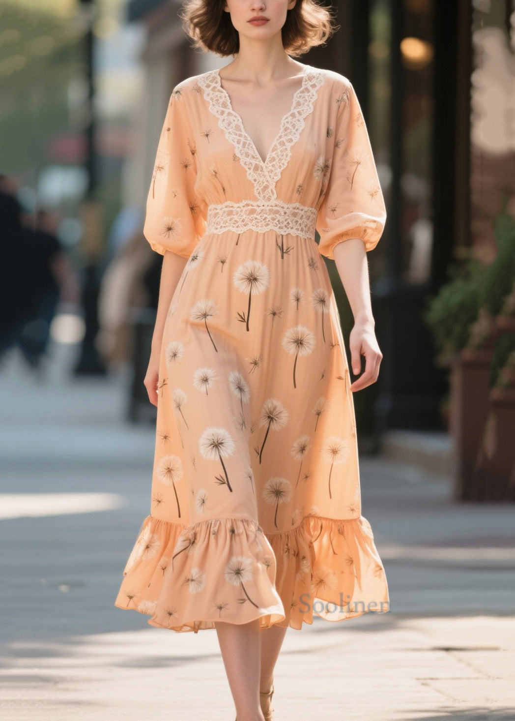 Orange Print Patchwork Chiffon Long Dress Summer