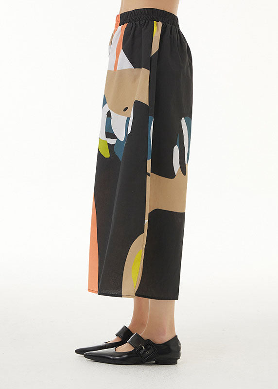Orange Print Patchwork Cotton Wide Leg Pants Summer