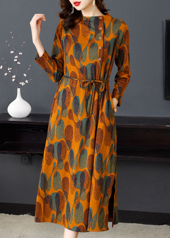 Orange Print Tie Waist Long Dresses Long Sleeve