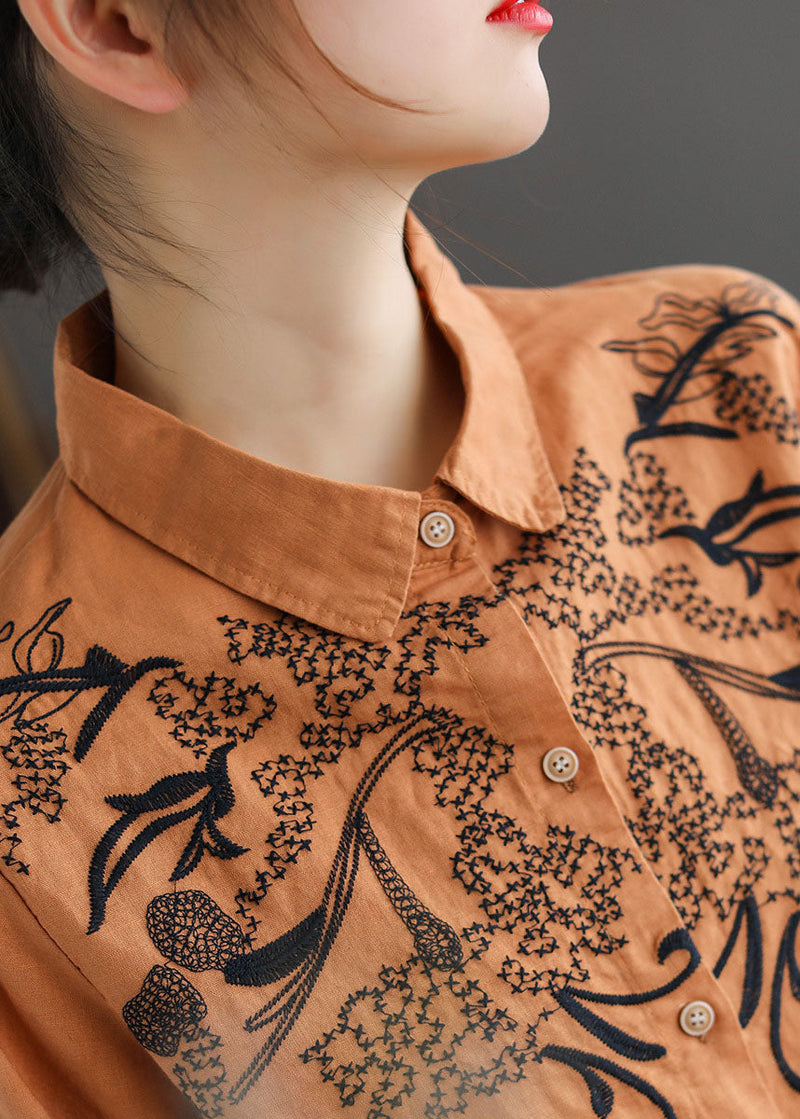 Orange Turn-down Collar Embroideried Cotton Shirt Top Long Sleeve
