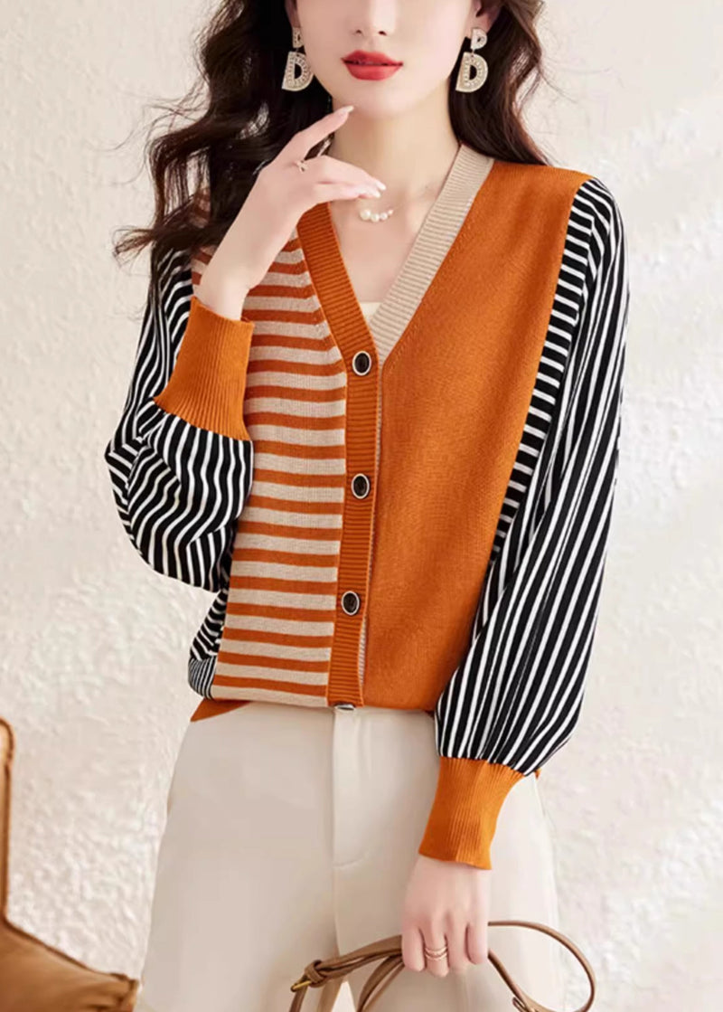 Orange V Neck Striped Button Woolen Sweater Spring