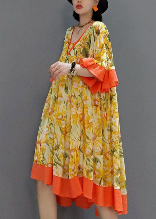 Orange V Neck Wrinkled Print Chiffon Dress Flare Sleeve