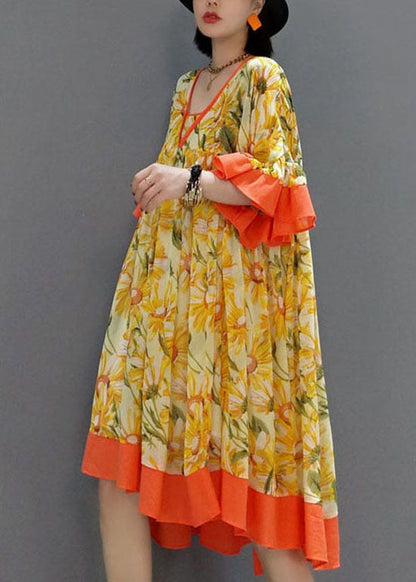 Orange V Neck Wrinkled Print Chiffon Dress Flare Sleeve