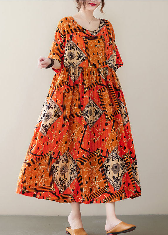 Orange Wrinkled Print Exra Large Hem Cotton Holiday Dress Short Sleeve