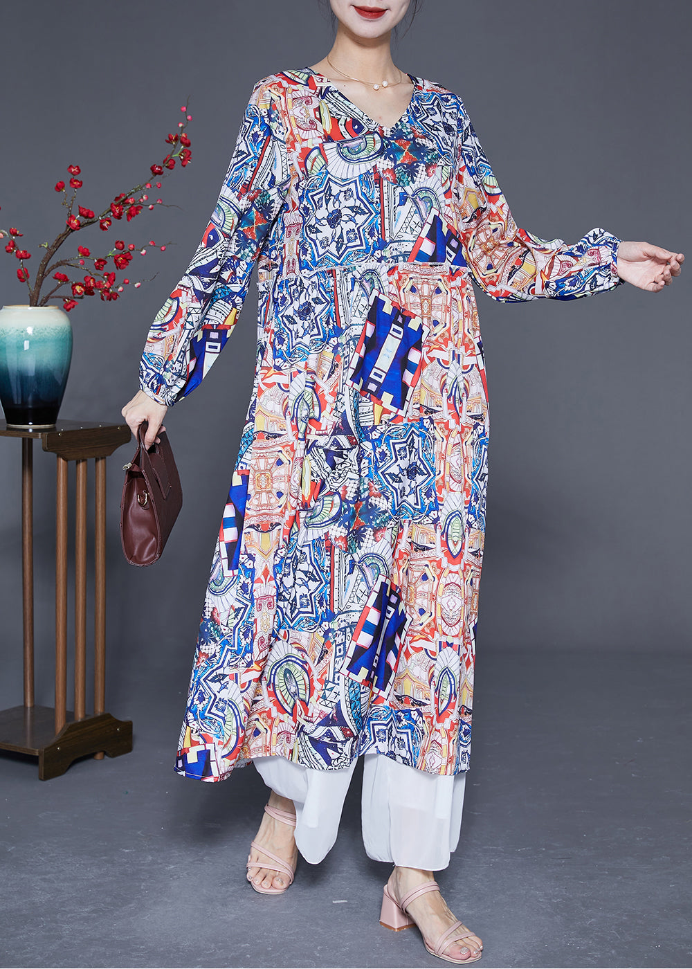 Oversized Print Silk Party Dress Spring