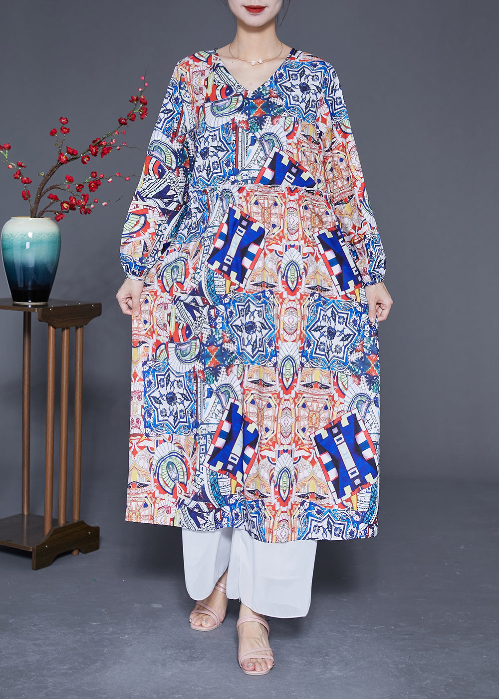Oversized Print Silk Party Dress Spring