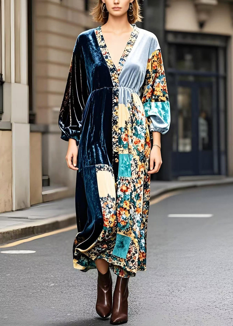 Peacock Blue V Neck Patchwork Print Silk Velvet Ankle Dress Spring