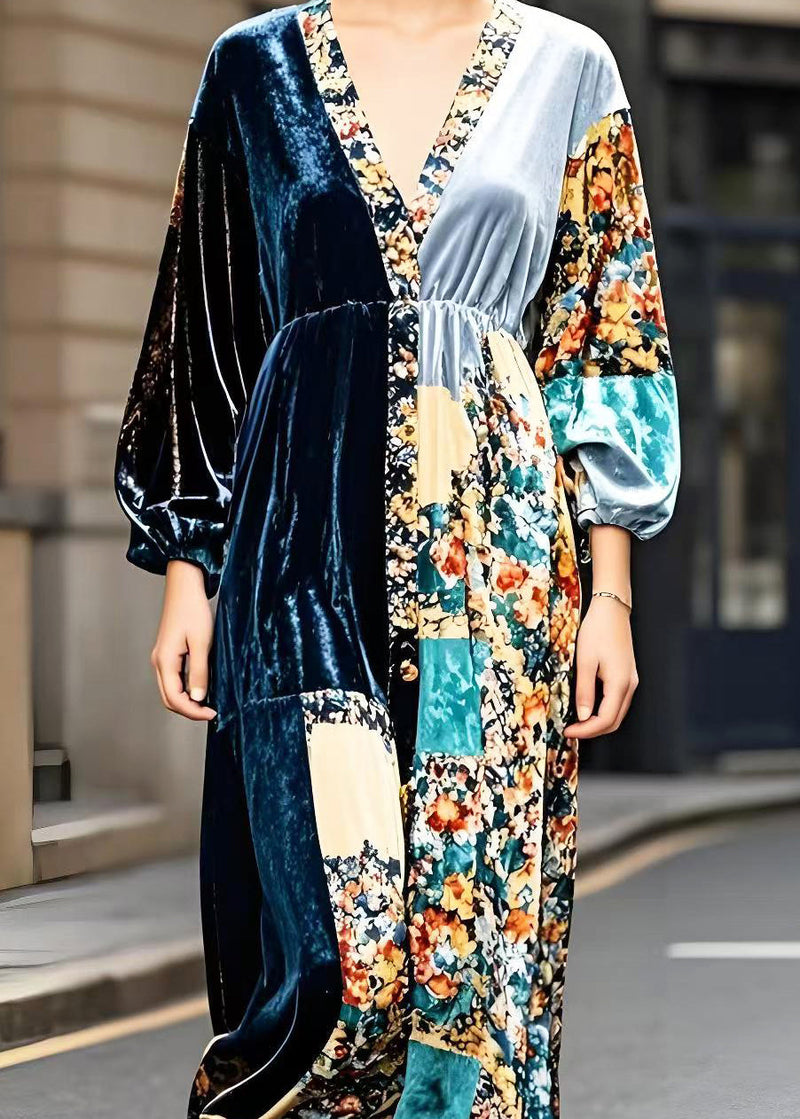 Peacock Blue V Neck Patchwork Print Silk Velvet Ankle Dress Spring