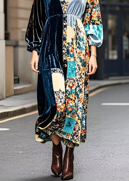 Peacock Blue V Neck Patchwork Print Silk Velvet Ankle Dress Spring
