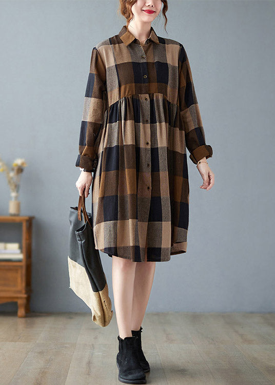 Peter Pan Collar Button Wrinkled Long Plaid Shirts Dress Long Sleeve