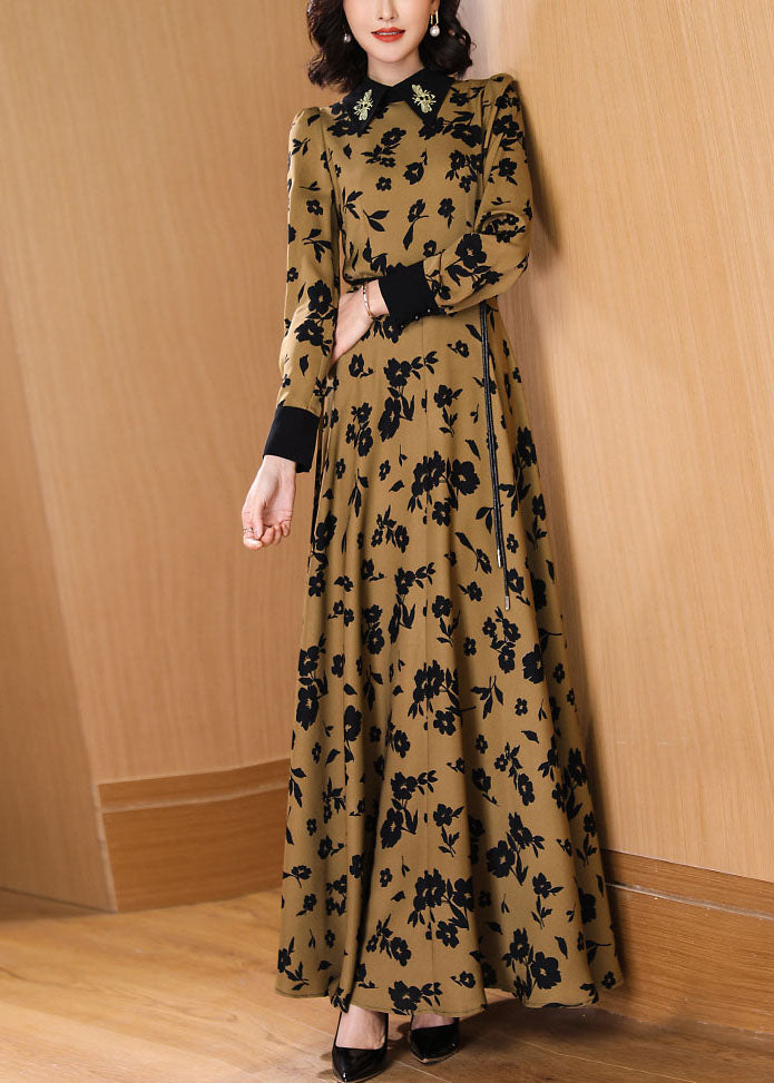 Peter Pan Collar Print High Waist Tie Waist Chiffon Maxi Dresses Fall