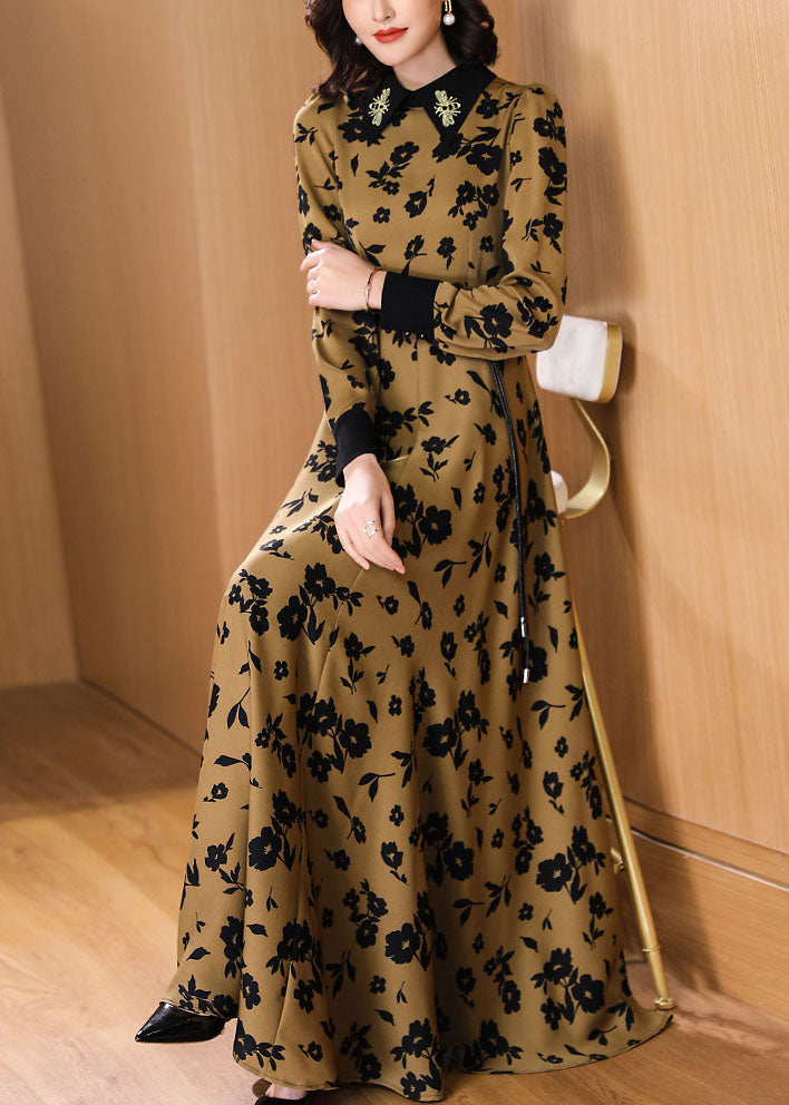 Peter Pan Collar Print High Waist Tie Waist Chiffon Maxi Dresses Fall