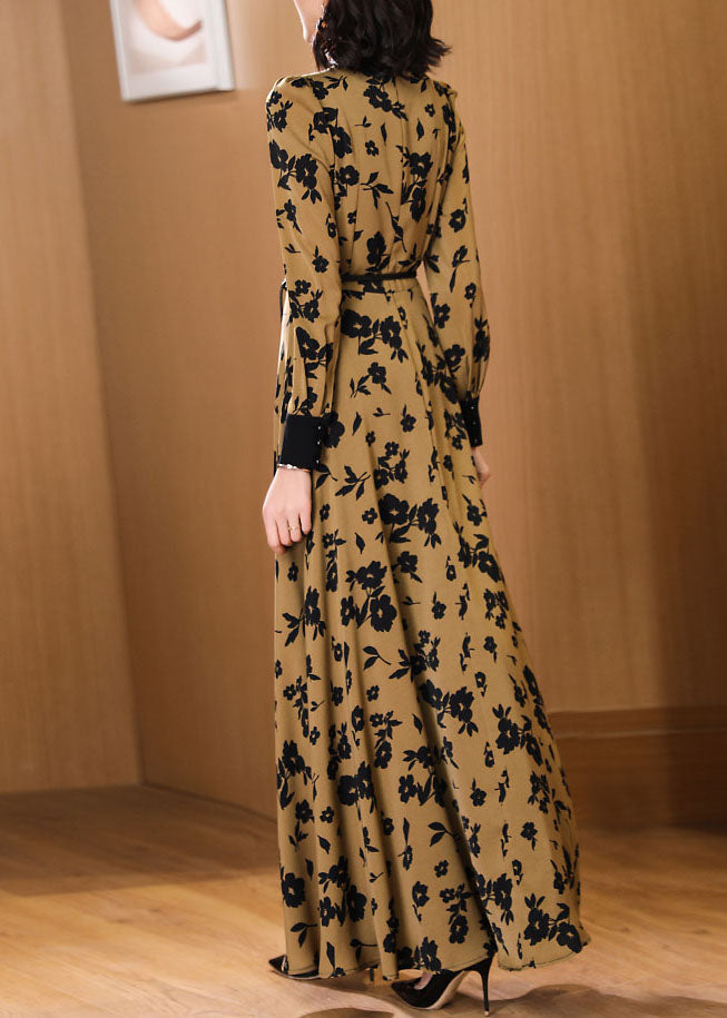 Peter Pan Collar Print High Waist Tie Waist Chiffon Maxi Dresses Fall